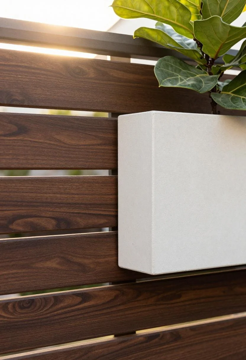 Cream white concrete shelf on a modern walnut fence holding a single pothos in evening light