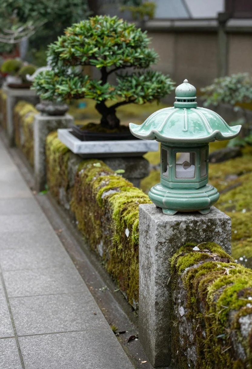 Sage green ceramic lantern and marble bonsai tray resting on a stone zen garden fence post