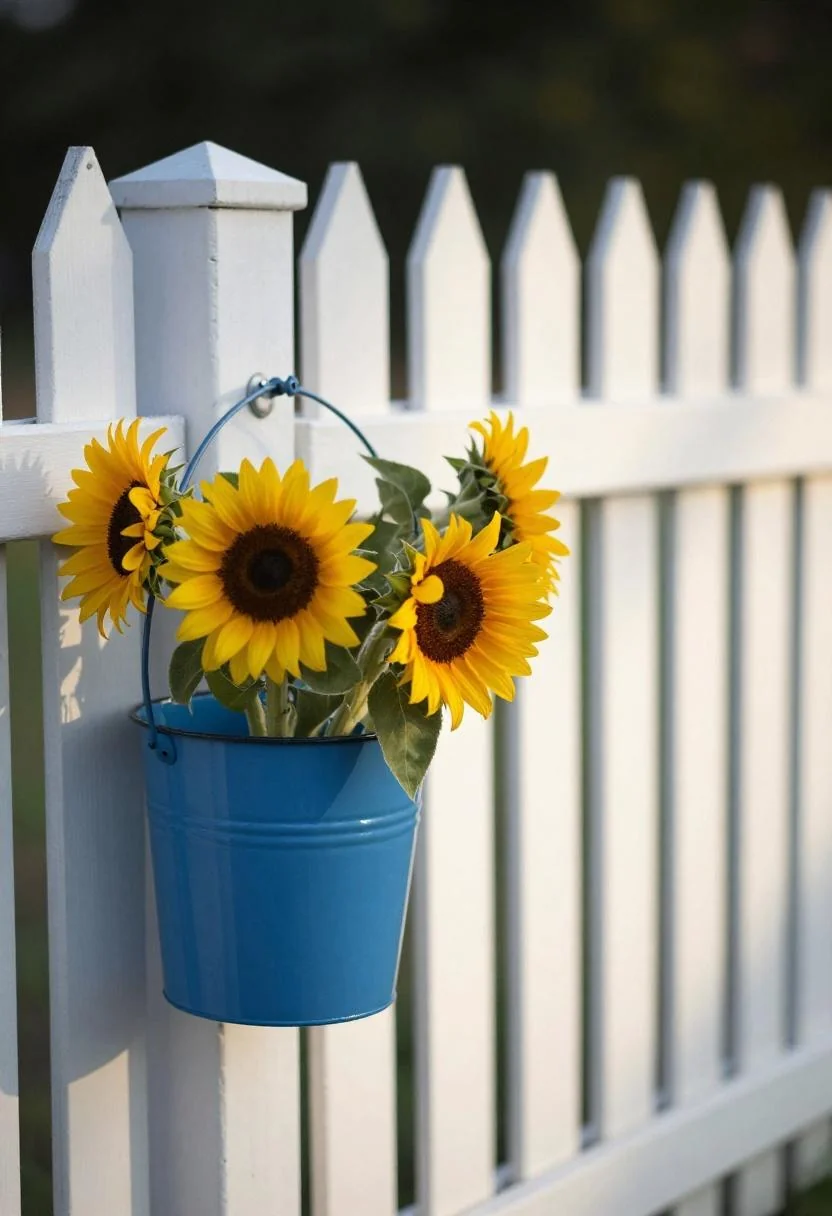 Cool blue enamel bucket of sunflowers hanging from a split-rail pine fence post in morning sun