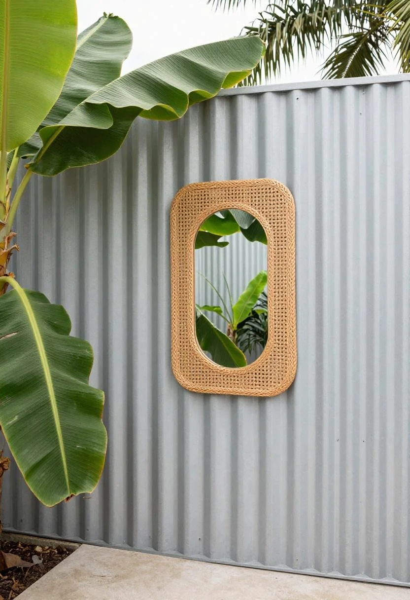 Plum noir rattan mirror on a corrugated steel fence with a tropical banana palm in the foreground
