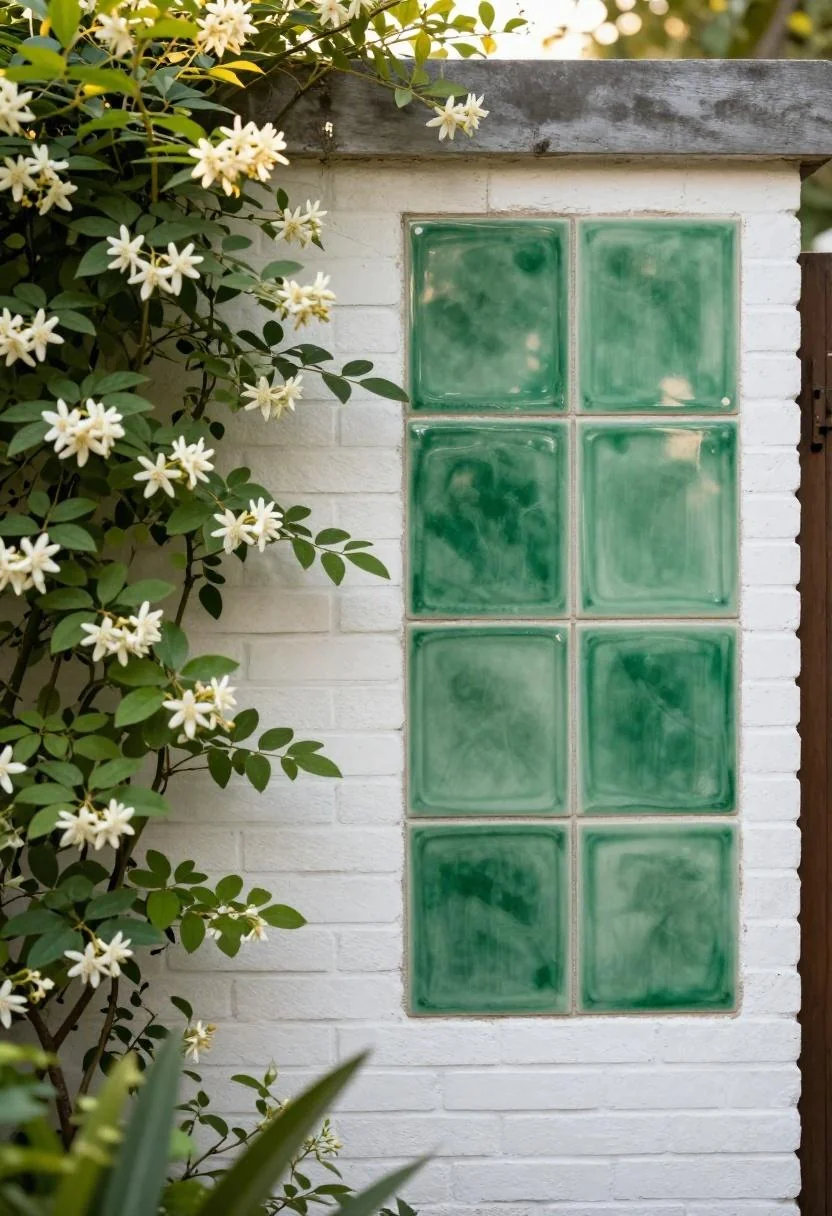 Jade green ceramic tile plaques arranged on a whitewashed brick wall with jasmine at golden hour