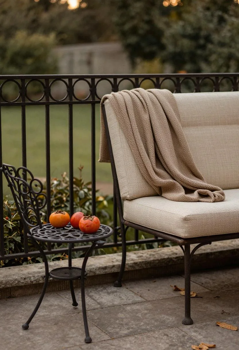 Persimmon outdoor cushion draped on a wrought-iron fence above a cast-iron bistro chair at dusk