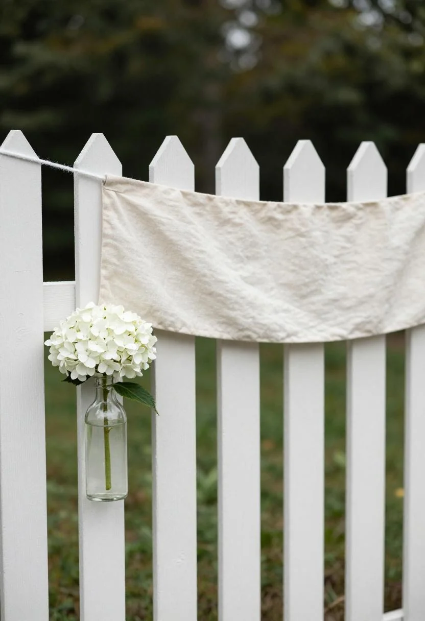 Cream white linen bunting and a single hydrangea stem decorating a painted picket fence entry