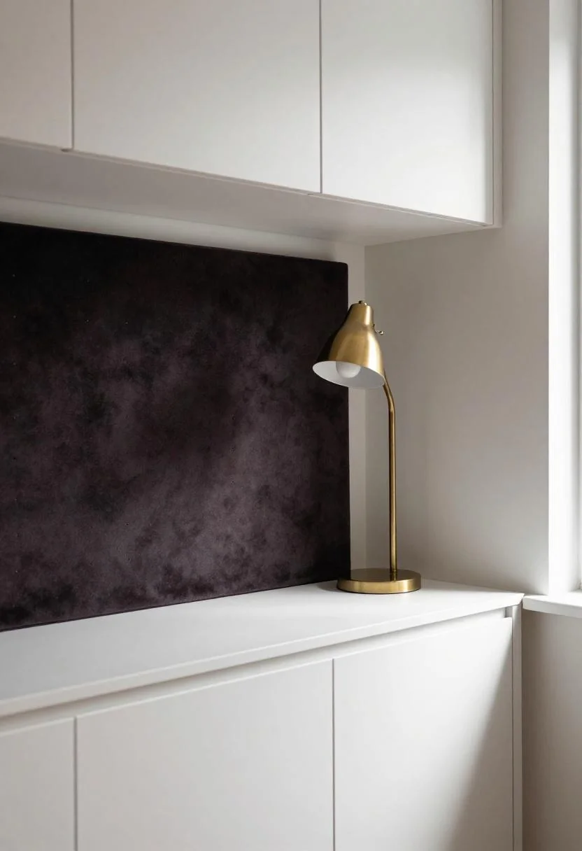 Built-in desk nook with plum noir velvet pin board and brass lamp accent in classic interior