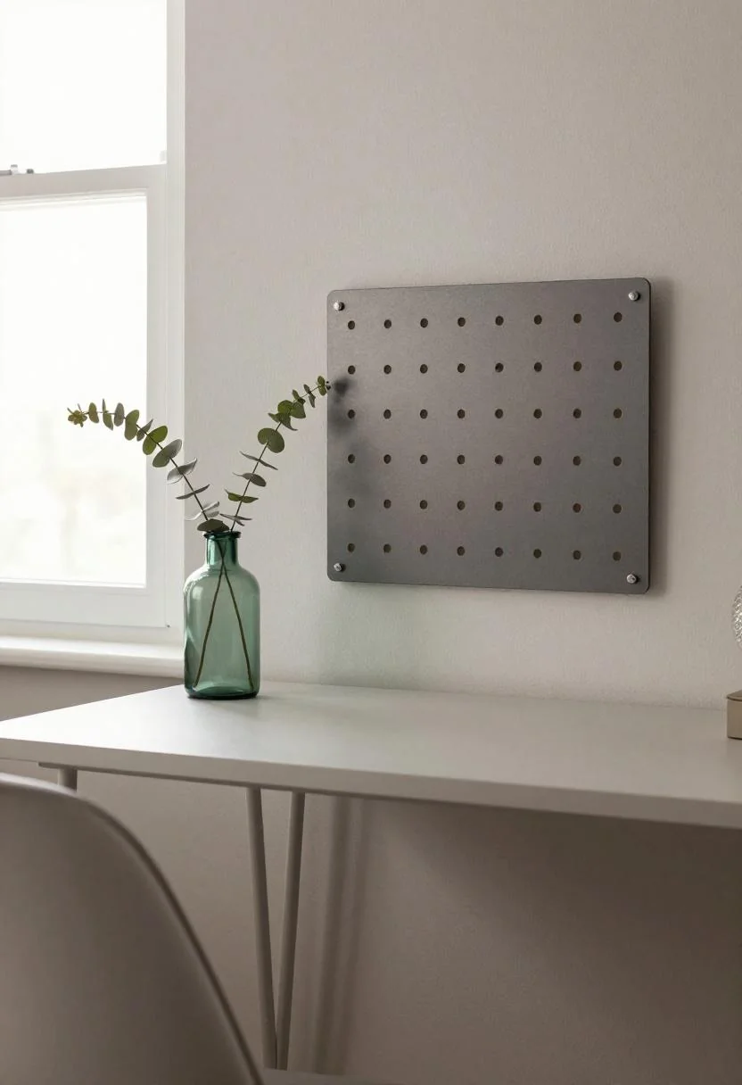 Pale ash desk with jade green glass accent and pegboard storage in organized workspace