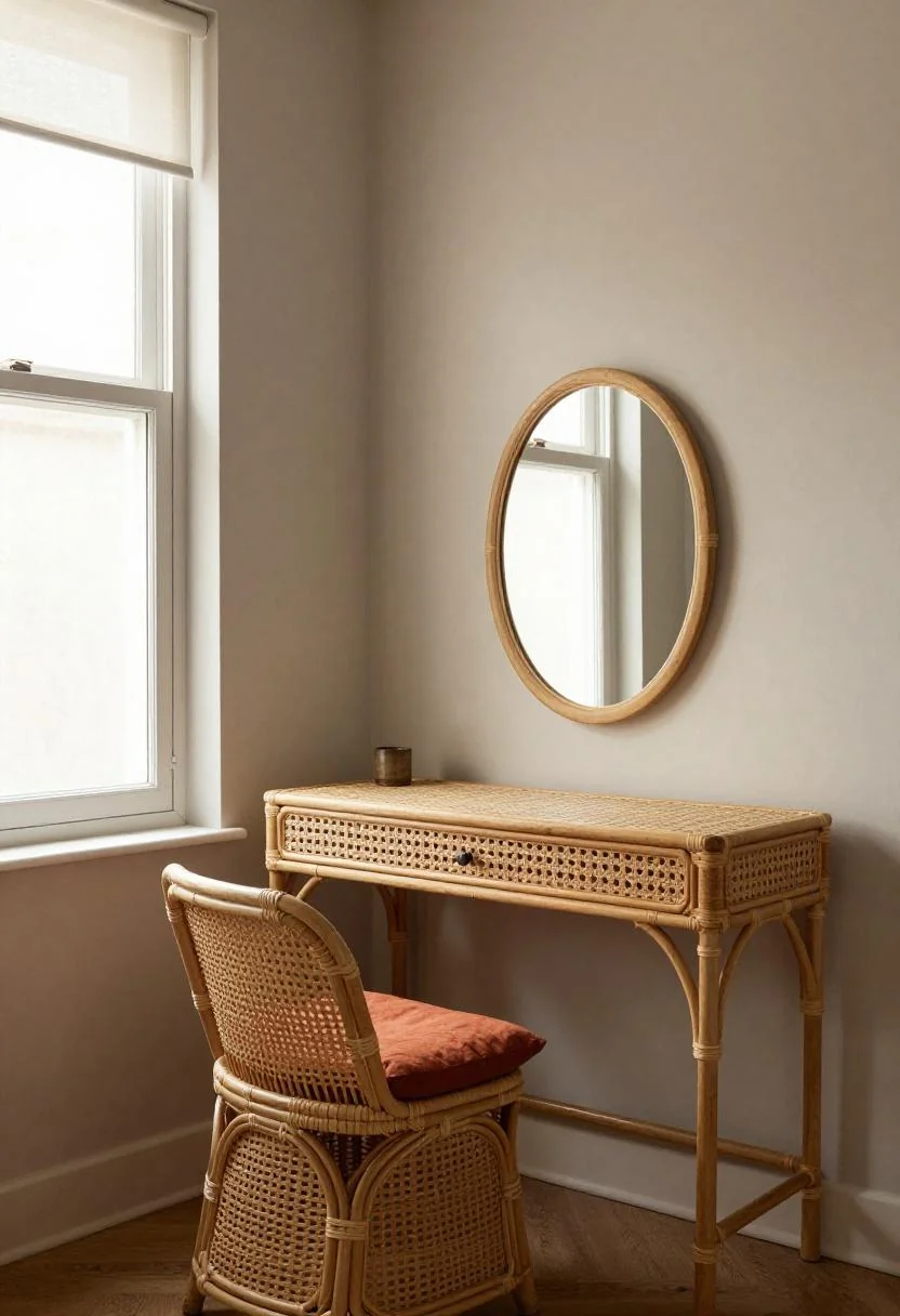 Rattan desk and stool with warm terracotta linen cushion under an oval mirror in natural interior