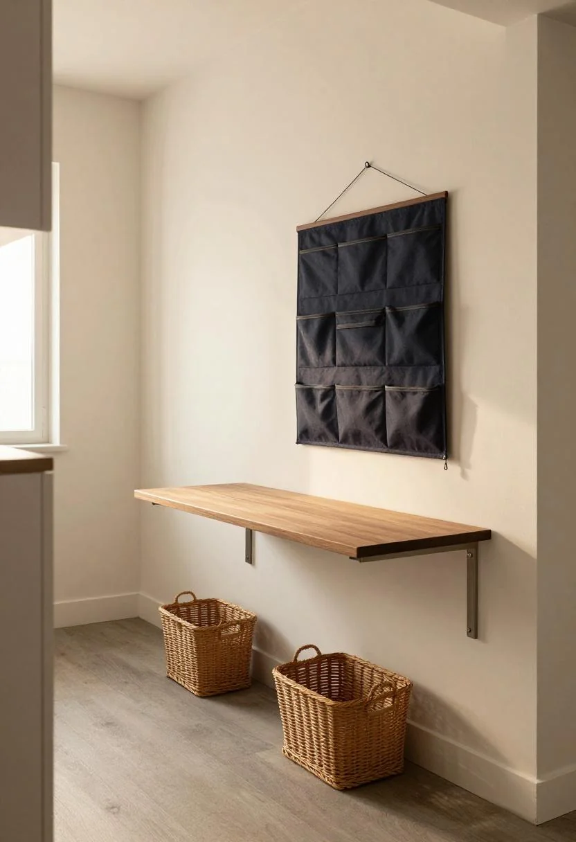 Overhead desk flatlay with cream white wool desk pad and open sketchbook on light wood surface