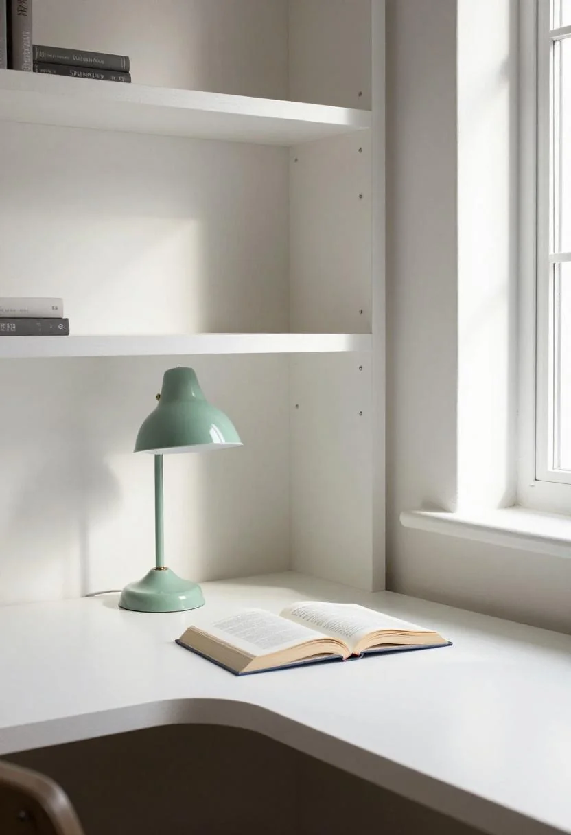 Desk nook built into white oak shelving unit with jade green enamel lamp overhead