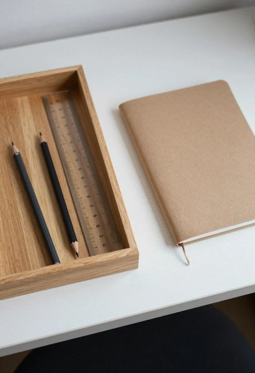 Scandinavian desk overhead flat-lay with wasabi acrylic ruler in birch tray and minimal accessories