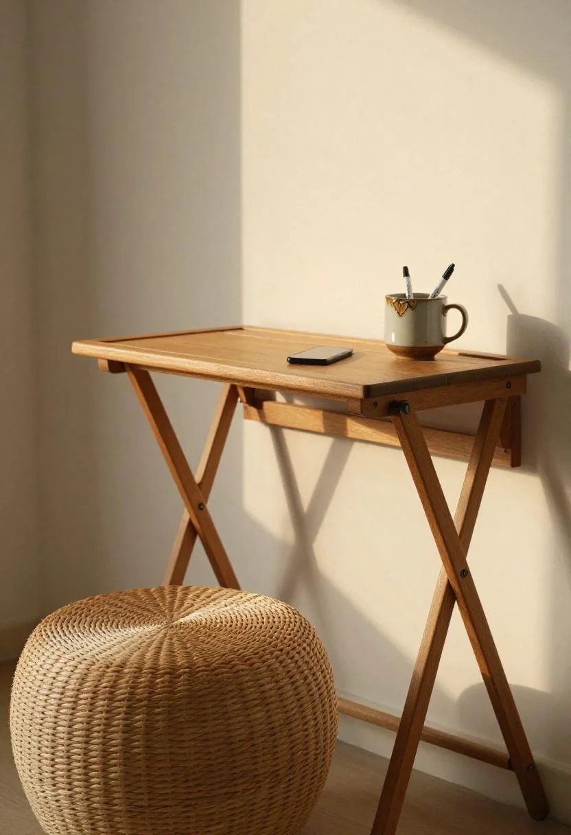 Balcony fold-down teak desk with persimmon stoneware cup and rattan stool outdoor workspace