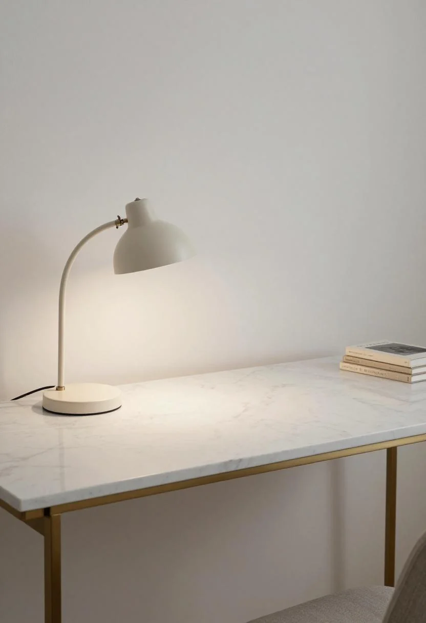 Neo Deco marble-top desk with cream white boucle lamp and linen-covered books in elegant home office