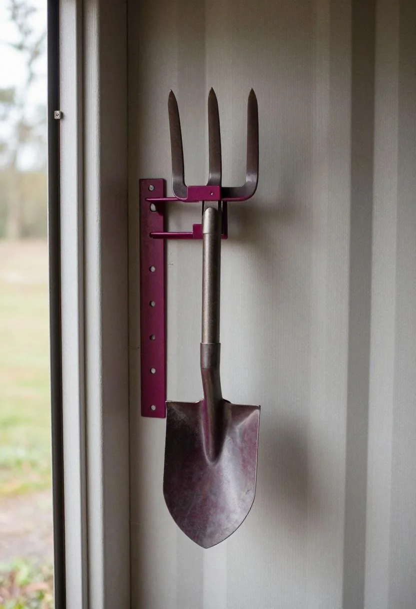 Vertical steel tool stand with shovel and garden fork leaning against a shed wall in plum noir tones
