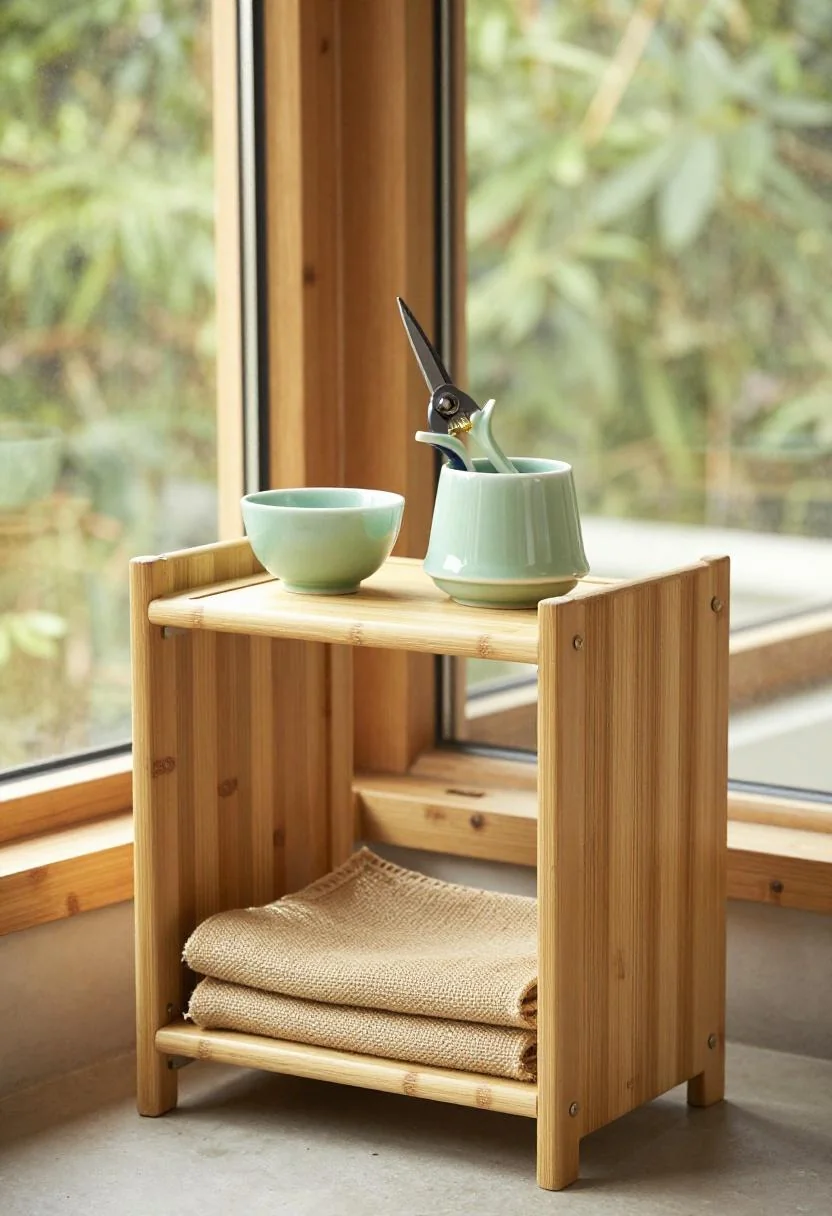 Bamboo caddy with pruning shears and kneeling pad stored neatly in a jade green shed corner