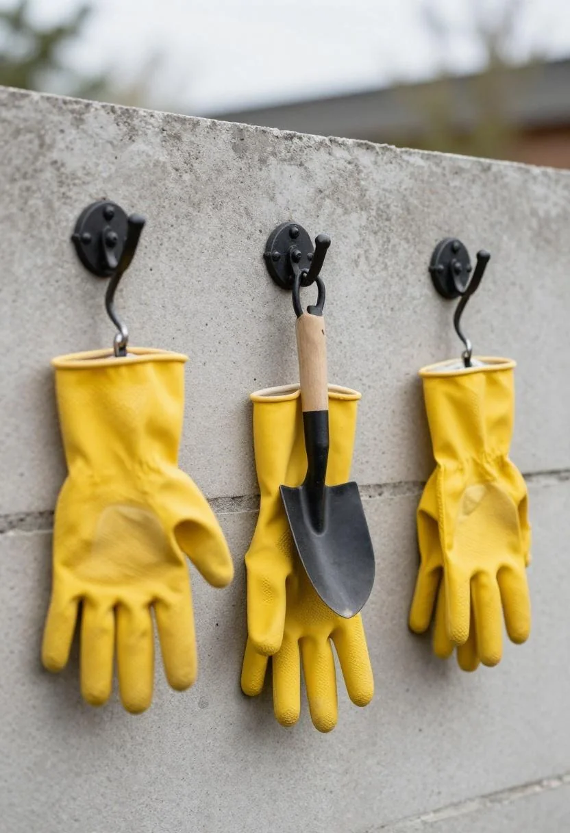 Wrought-iron wall hooks holding wasabi-yellow gloves and a trowel on a garden wall