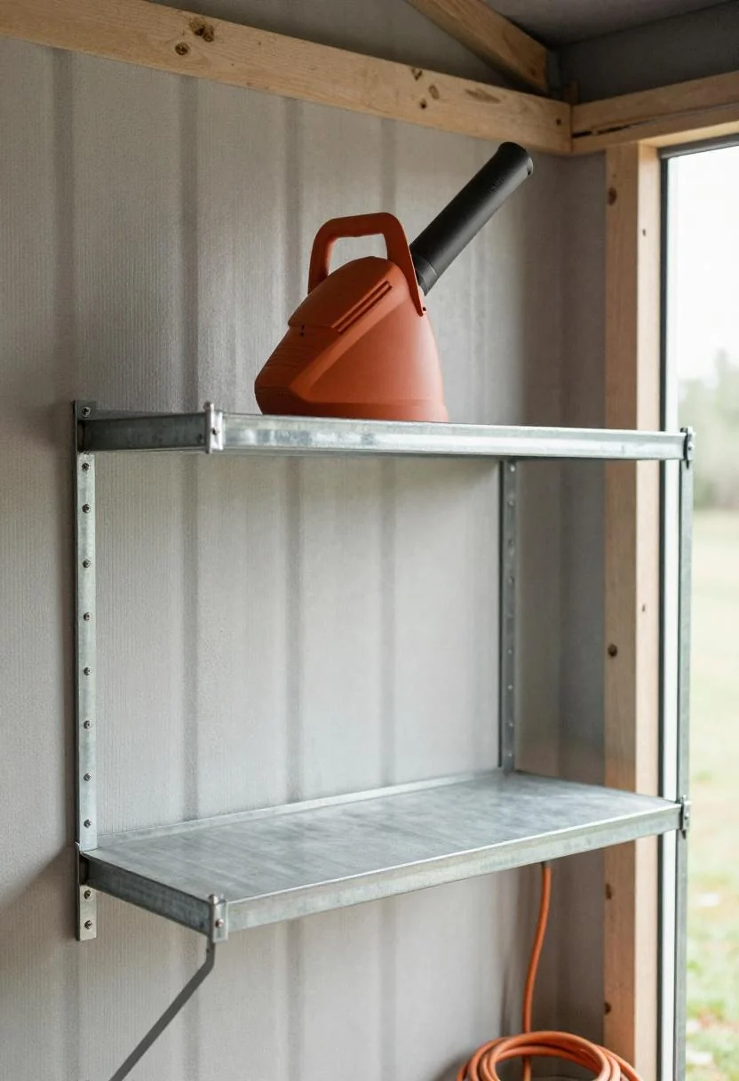 Galvanized utility shelf holding a persimmon-handled leaf blower and extension cord in a shed