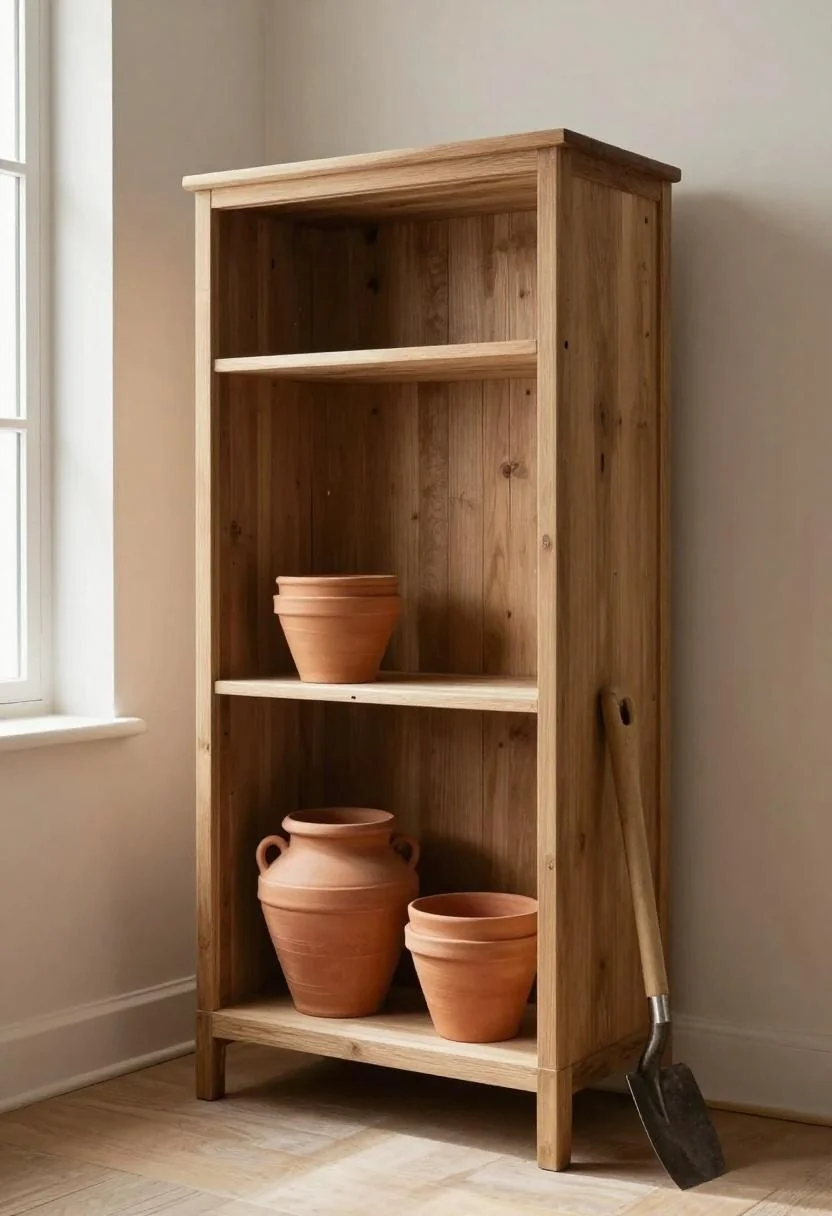 Pine open cabinet with terracotta pots and a spade stored inside a garden shed