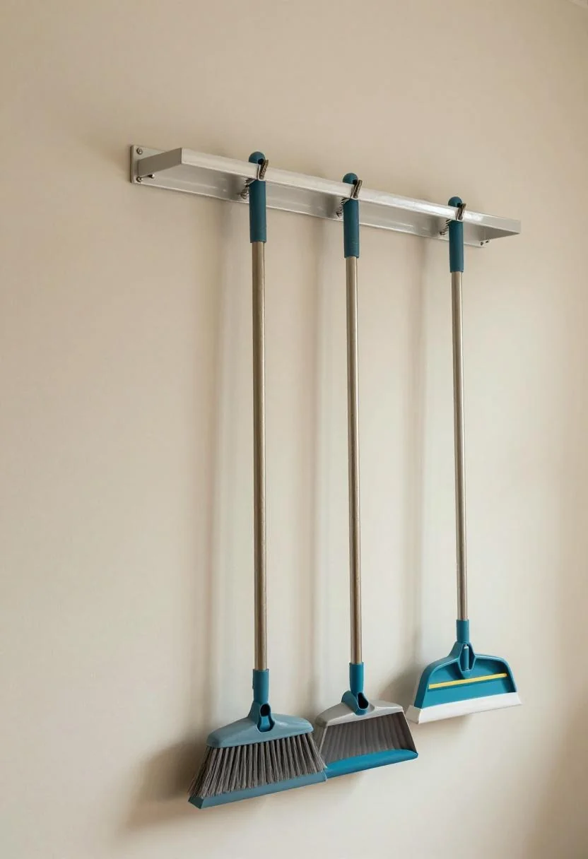Overhead cream white steel wall rack with brooms and mops stored vertically in a garage