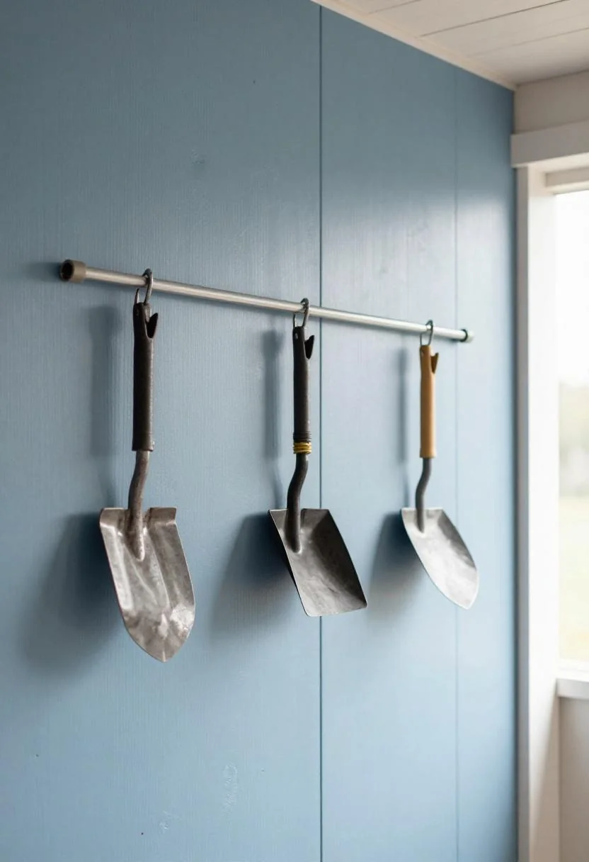 Cool blue shed wall with pipe rails holding garden tools on S-hooks