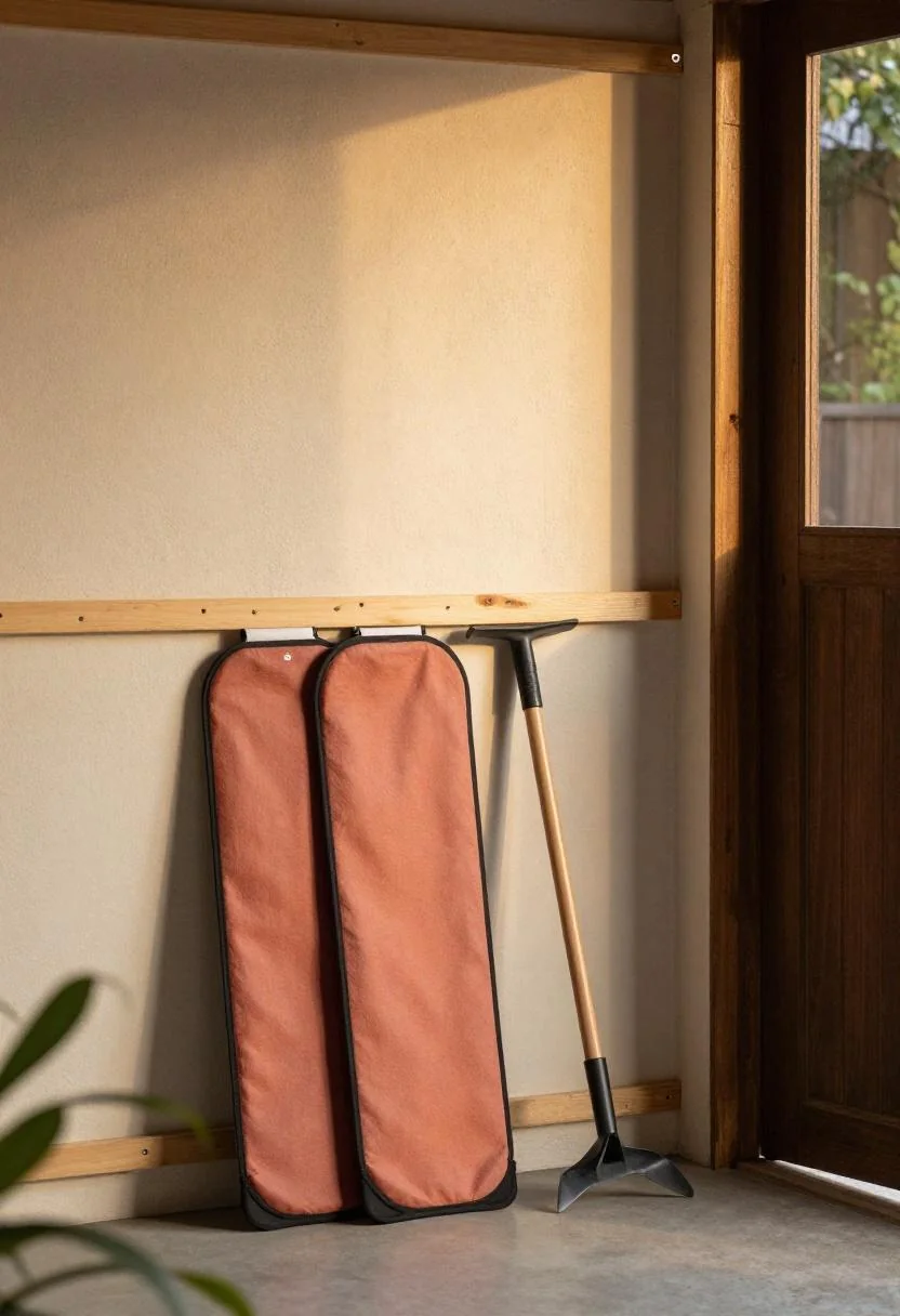 Oak wall shelf with plum noir kneeling pads and hand cultivator near a shed entrance