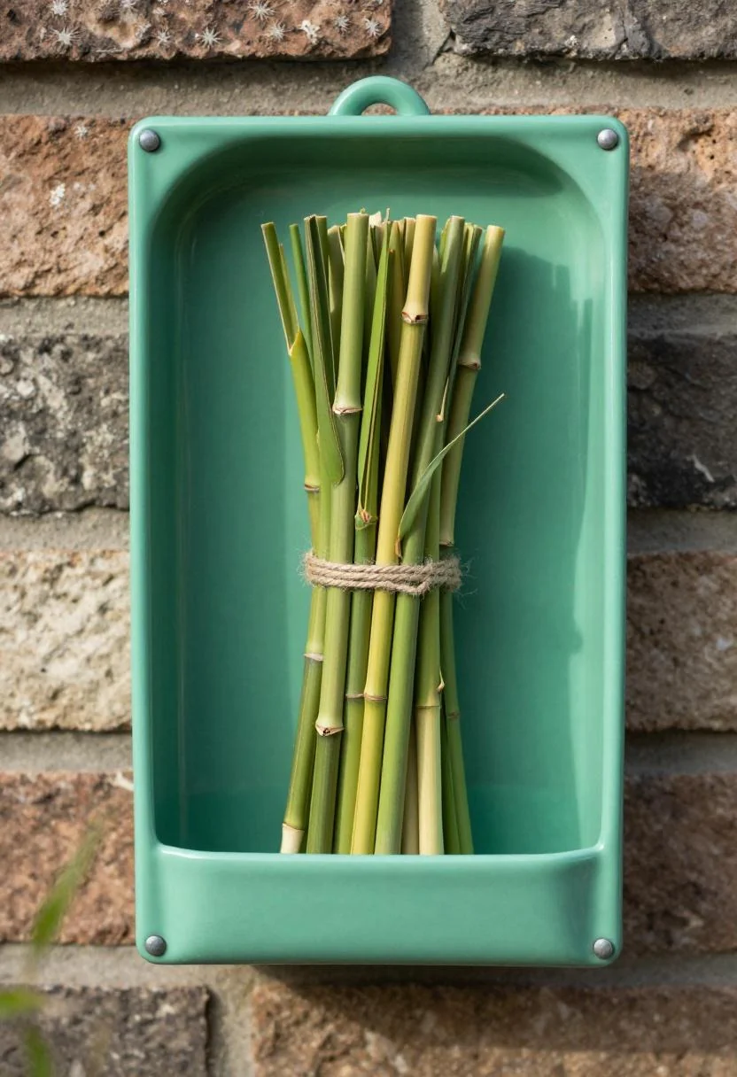 Jade green enamel wall bin holding bamboo plant stakes on a brick garden wall