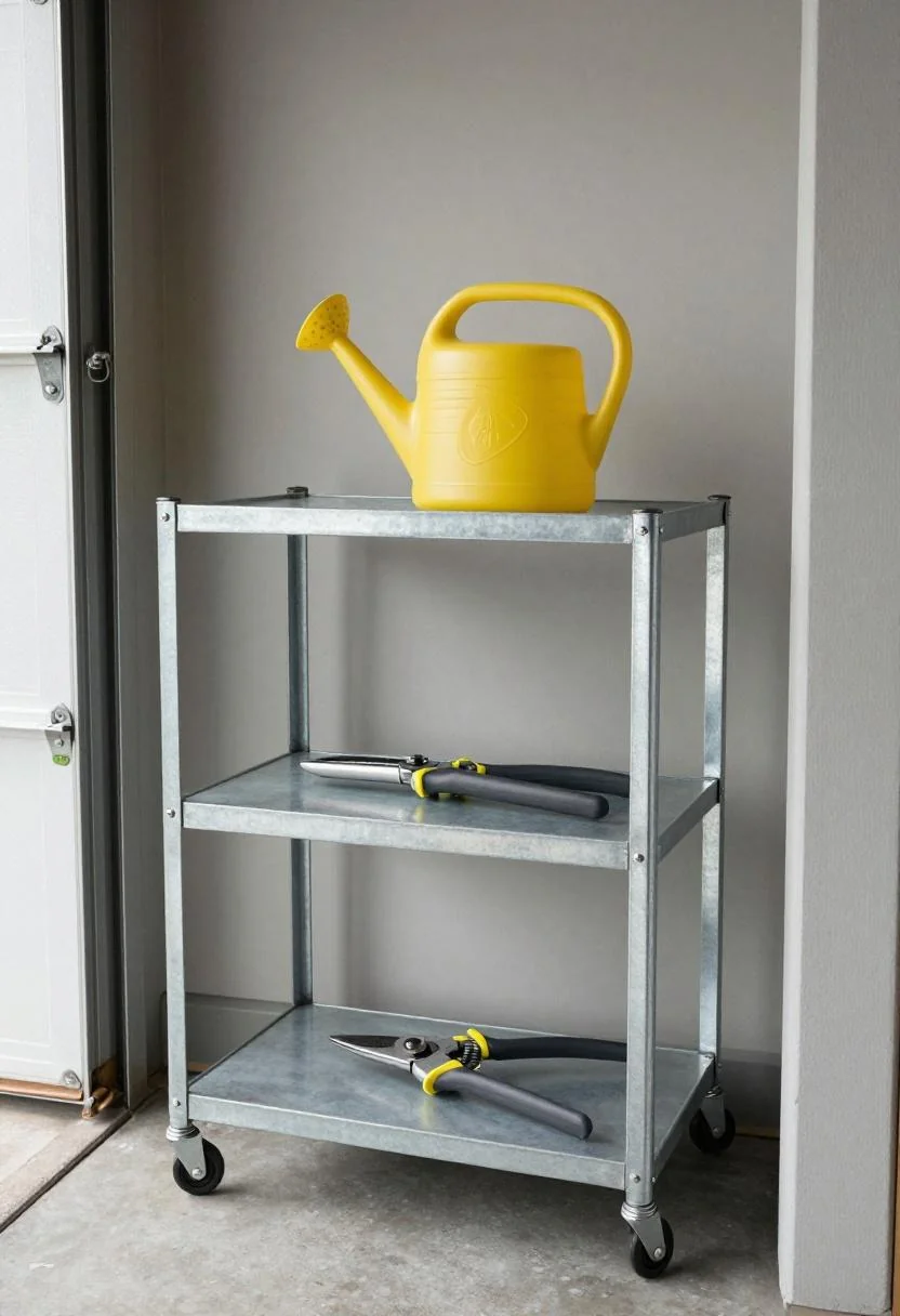 Galvanized rolling cart with wasabi watering can and loppers in a garage storage area