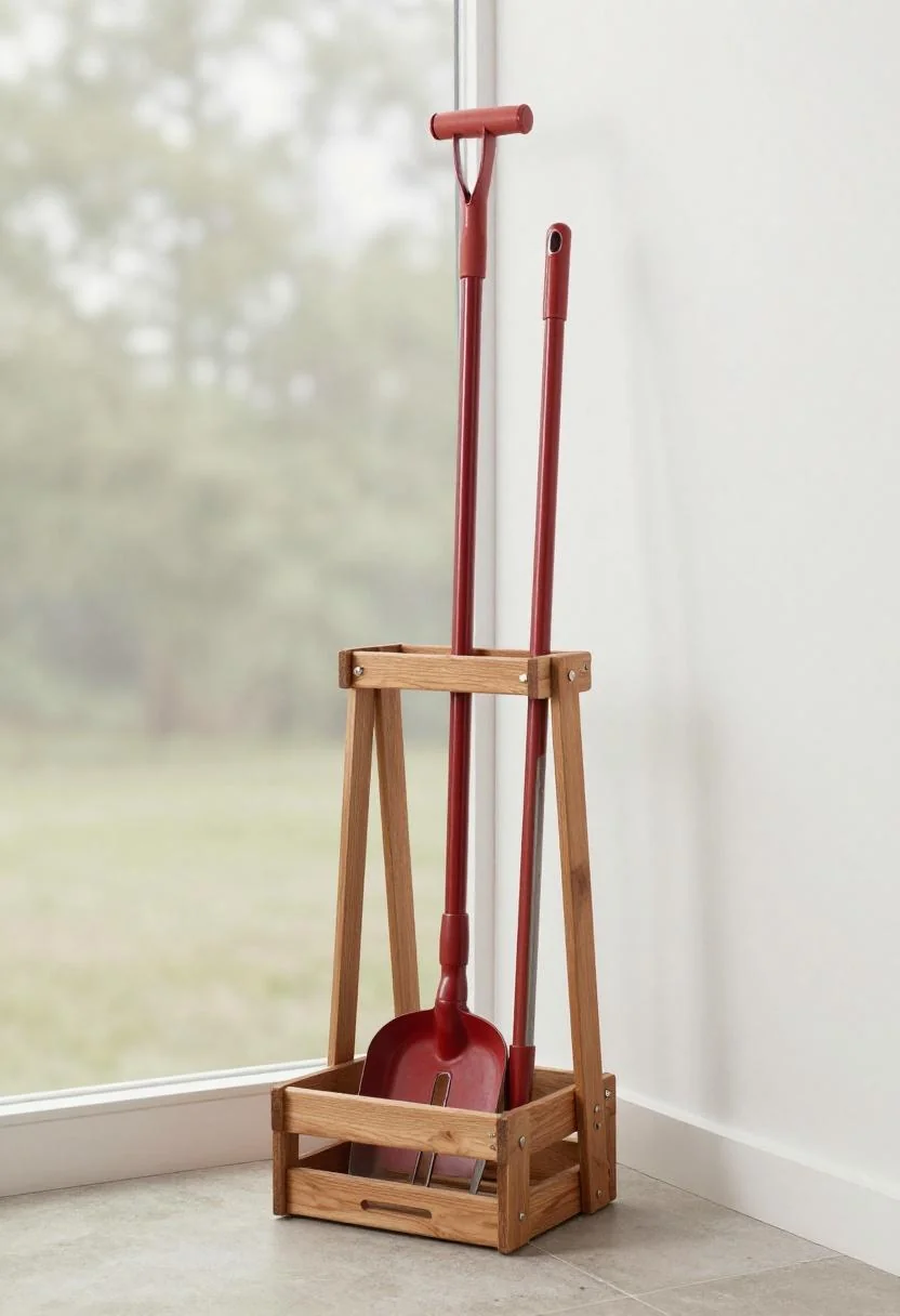 Cedar tool tower with upright long-handled tools and a persimmon hand fork in a garden shed corner