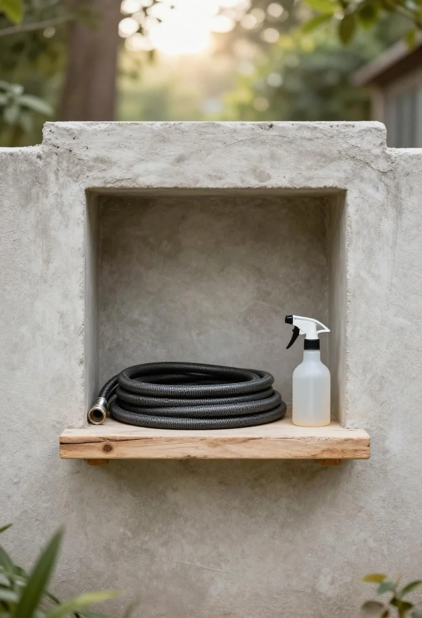 Terracotta wall niche with pine shelf holding a coiled hose and spray bottle