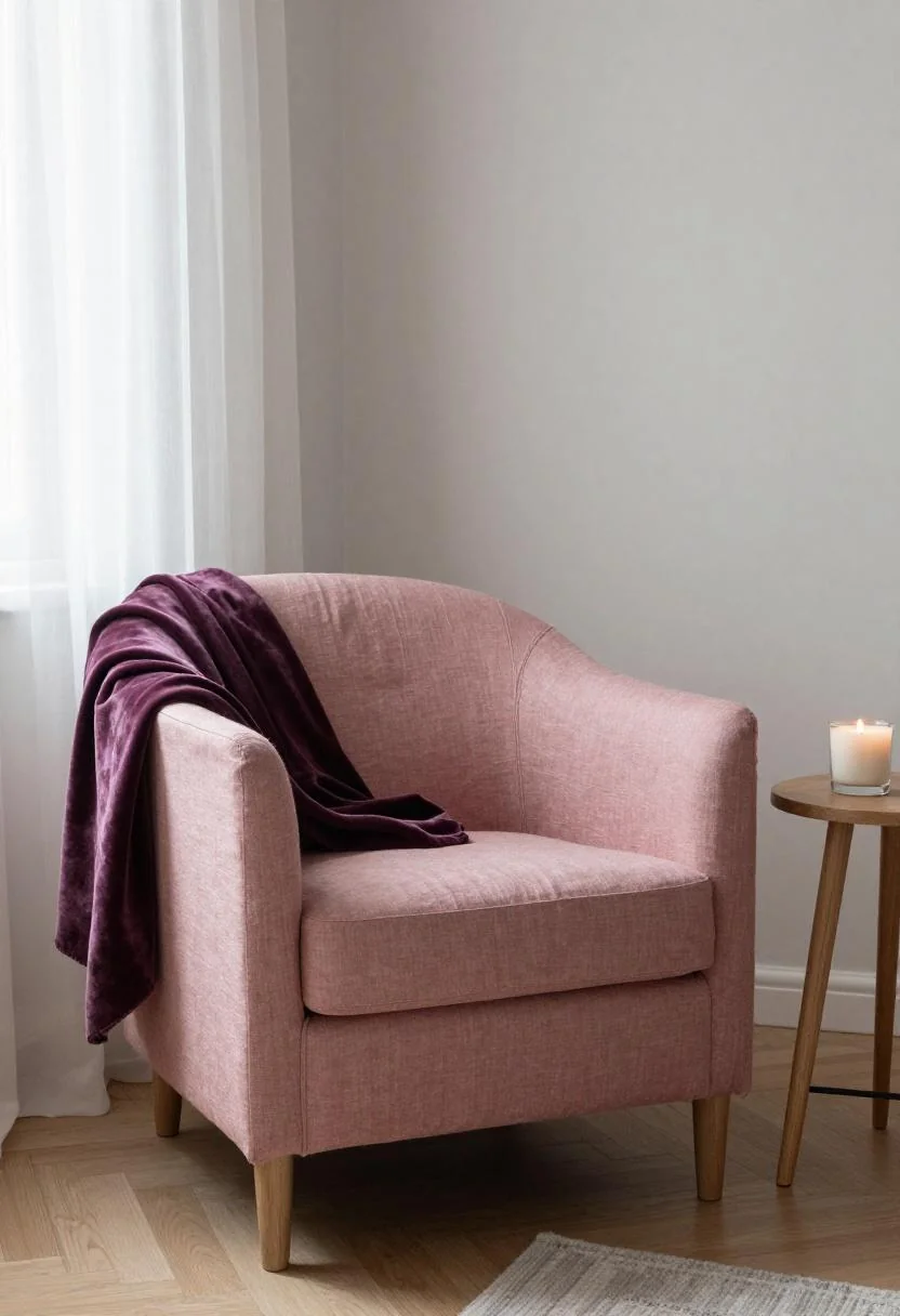 Dusty pink linen armchair with plum noir velvet throw in a Scandinavian reading corner