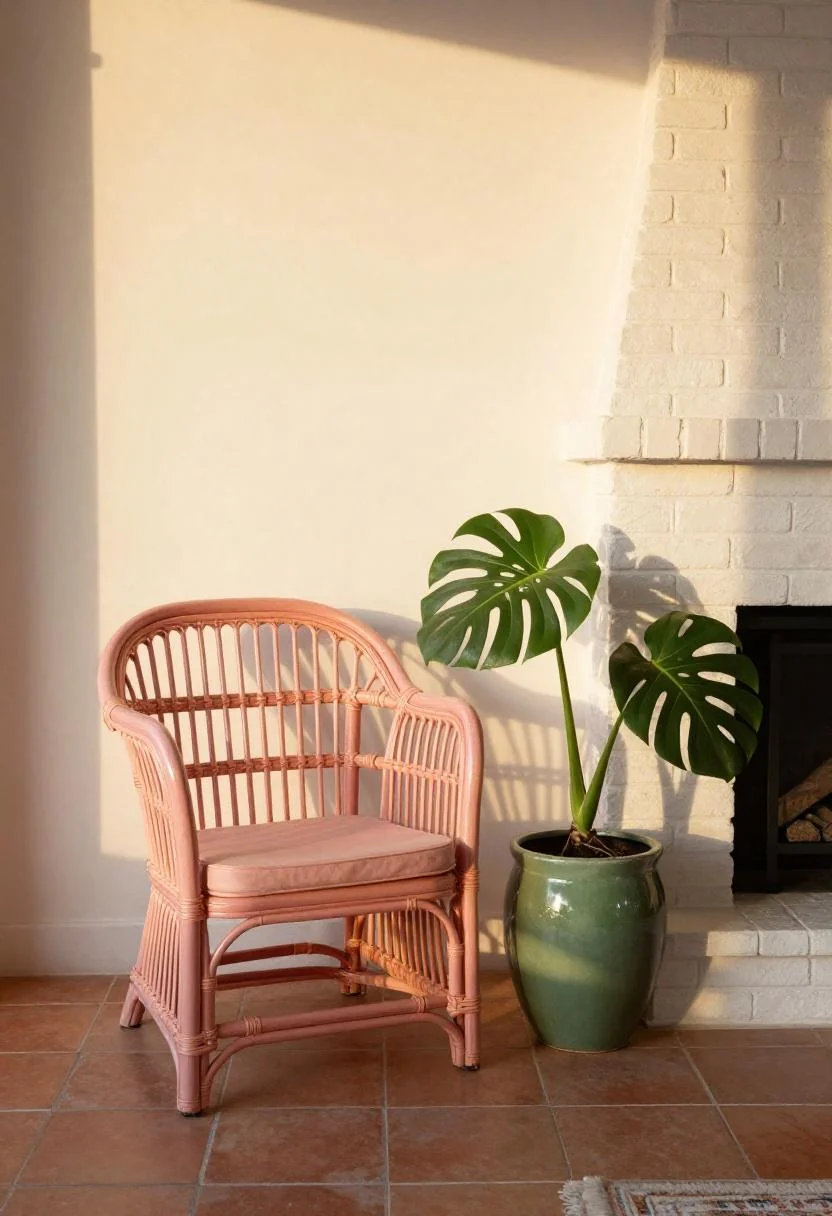 Blush pink rattan loveseat beside a jade green monstera planter next to a whitewashed farmhouse fireplace