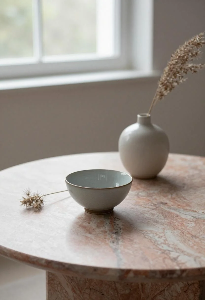 Dusty rose marble coffee table with wasabi ceramic bowl and dried pampas grass stem as party decor