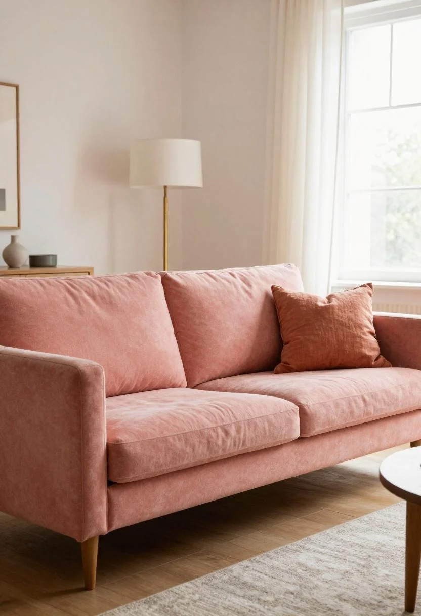 Salmon pink mid-century sofa with persimmon linen pillow under warm afternoon party light