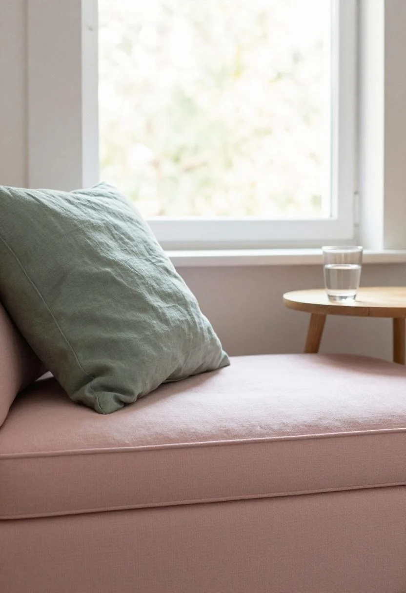 Pale pink cotton window seat with sage green linen cushions in soft Scandinavian natural light for a party corner