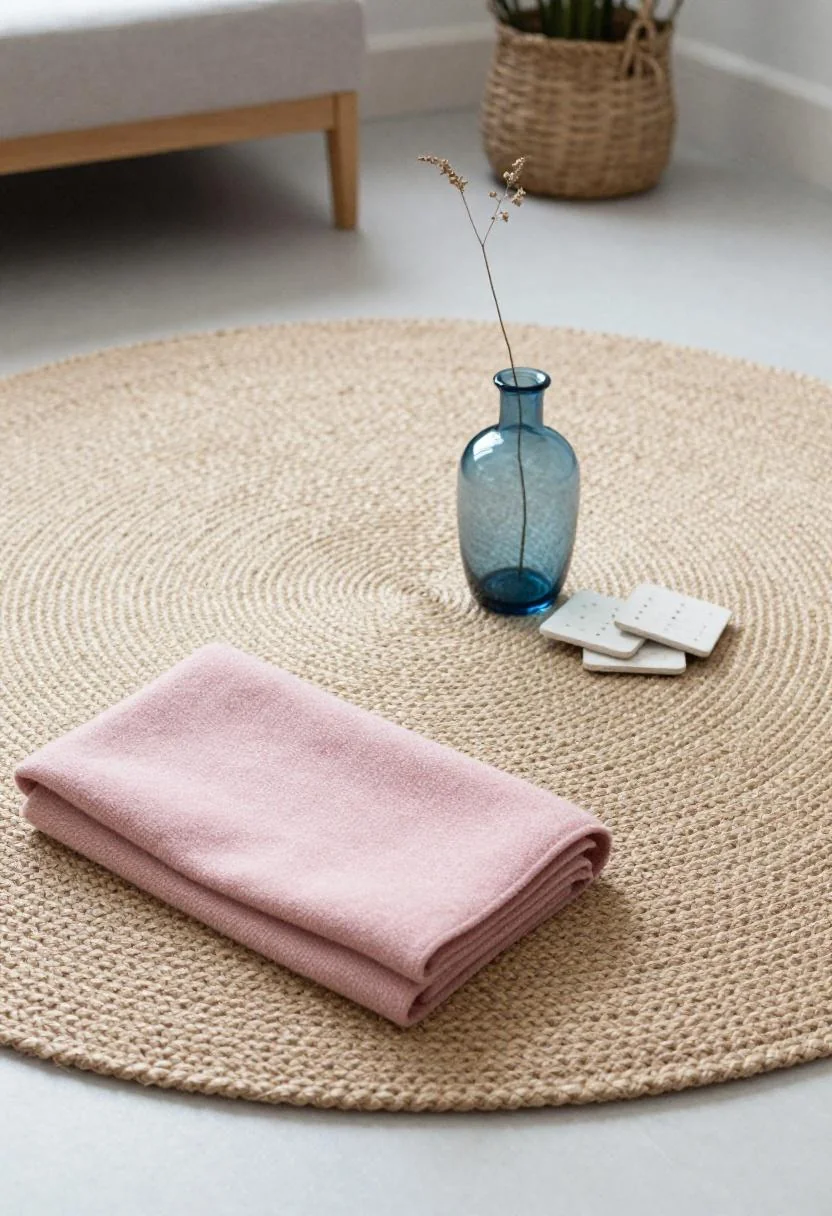 Minimalist jute rug with cool blue glass vase and pink wool throw seen from overhead