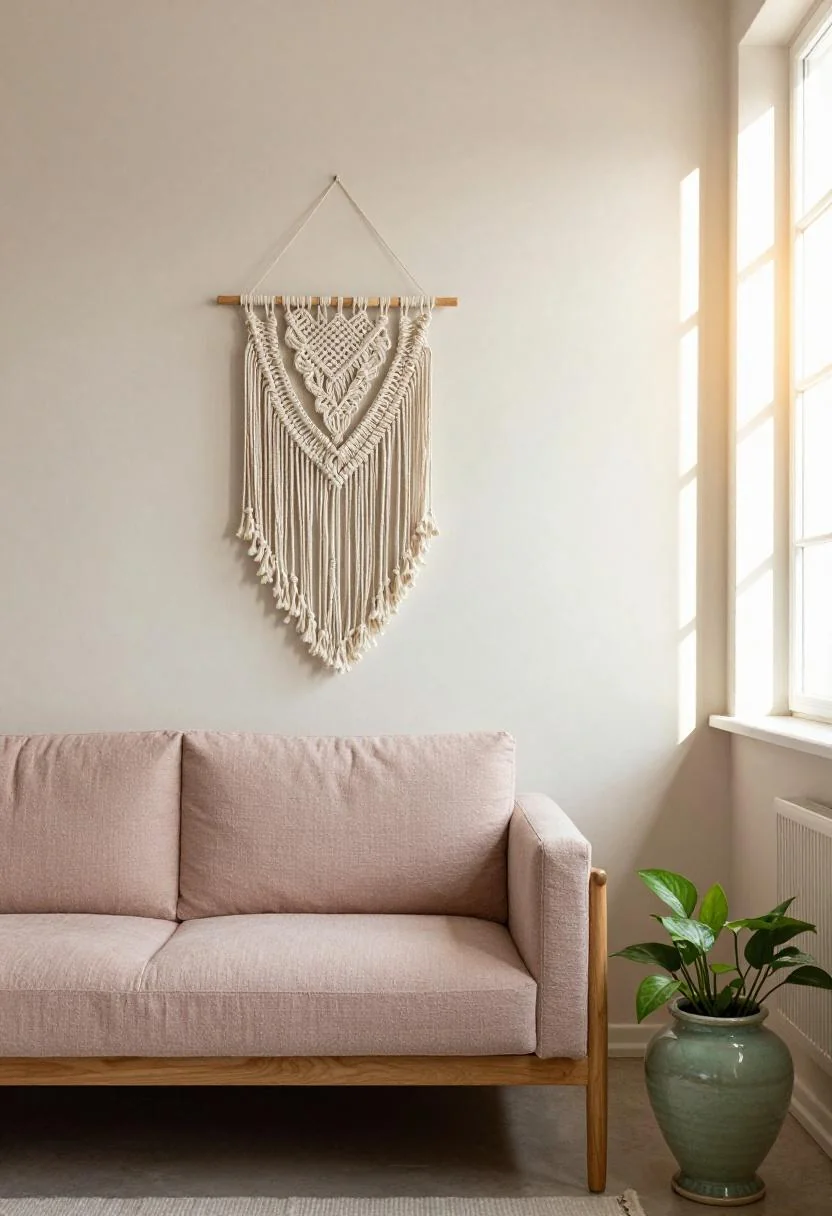 Dusty rose bohemian sofa with jade green ceramic pothos planter in golden hour party lighting