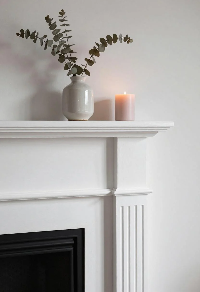 White oak fireplace mantel styled with wasabi ceramic vase and blush pink pillar candle for party decor