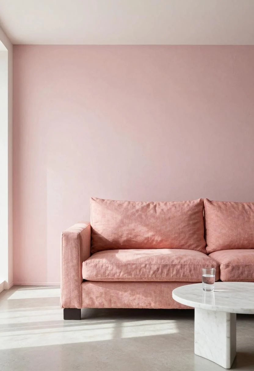 Persimmon linen sofa against pale pink concrete wall in minimalist morning party light
