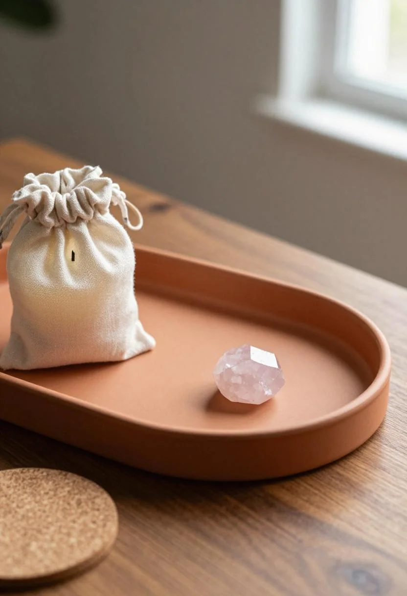 Walnut coffee table tray styled with warm terracotta accents, a pink quartz crystal, and a beeswax candle for party decor