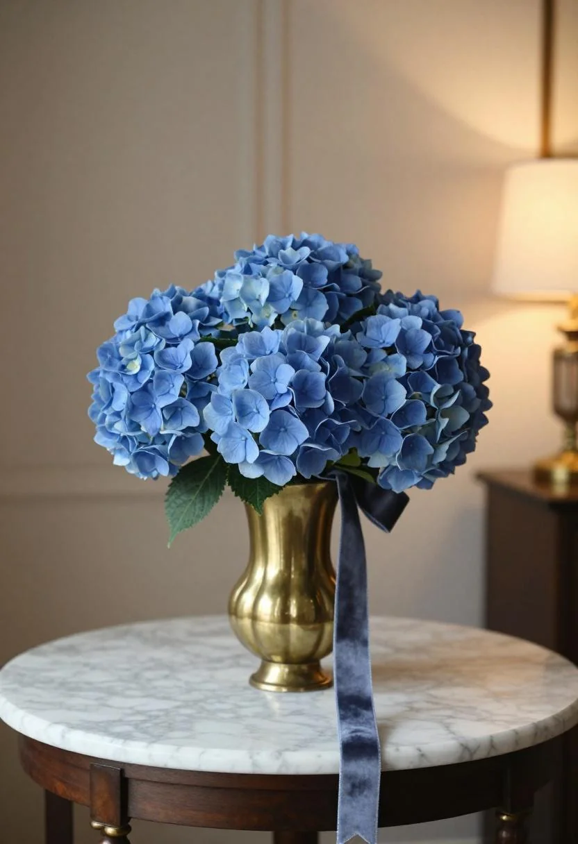 Plum-accented hydrangea bouquet in a brass vase on a marble console in Neo Deco style