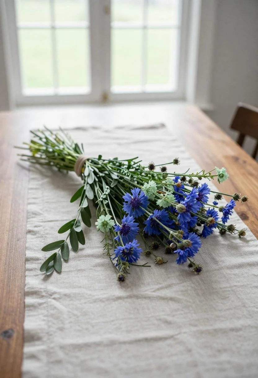 Jade and blue wildflower bouquet draped across a linen-covered walnut table in soft daylight