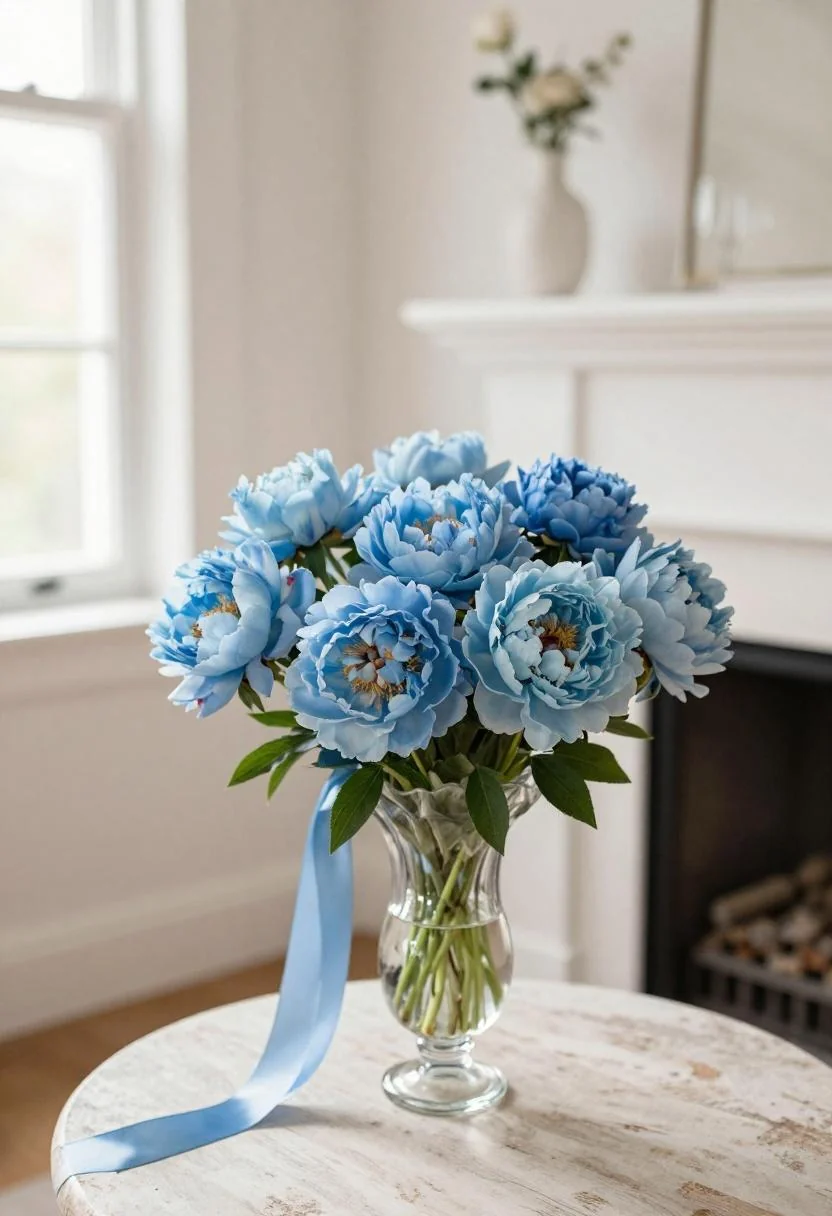 Persimmon-ribboned blue peony bouquet in blown glass on a whitewashed fireplace mantel