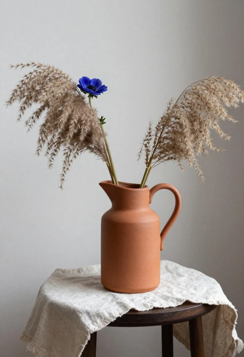 Terracotta pitcher with blue anemones on a mudcloth sideboard in Afrohemian aesthetic