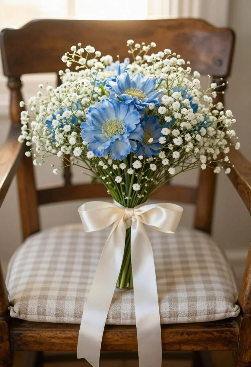Cream-ribboned blue scabiosa bouquet against a gingham cushion in soft Cottagecore mood