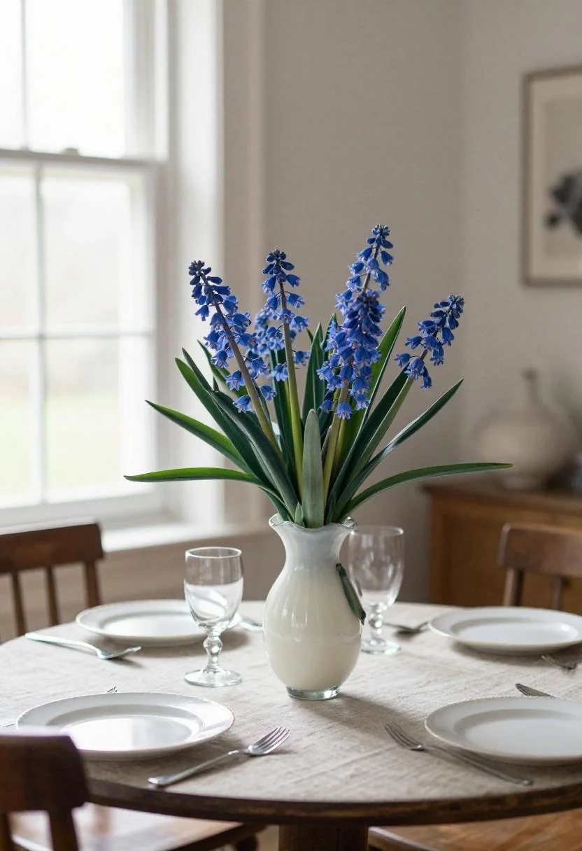 Sage-wrapped blue larkspur in fluted milk glass on a linen breakfast nook table
