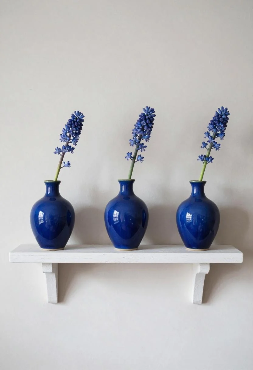 Cool blue glazed bud vases with muscari stems lined on a whitewashed oak shelf