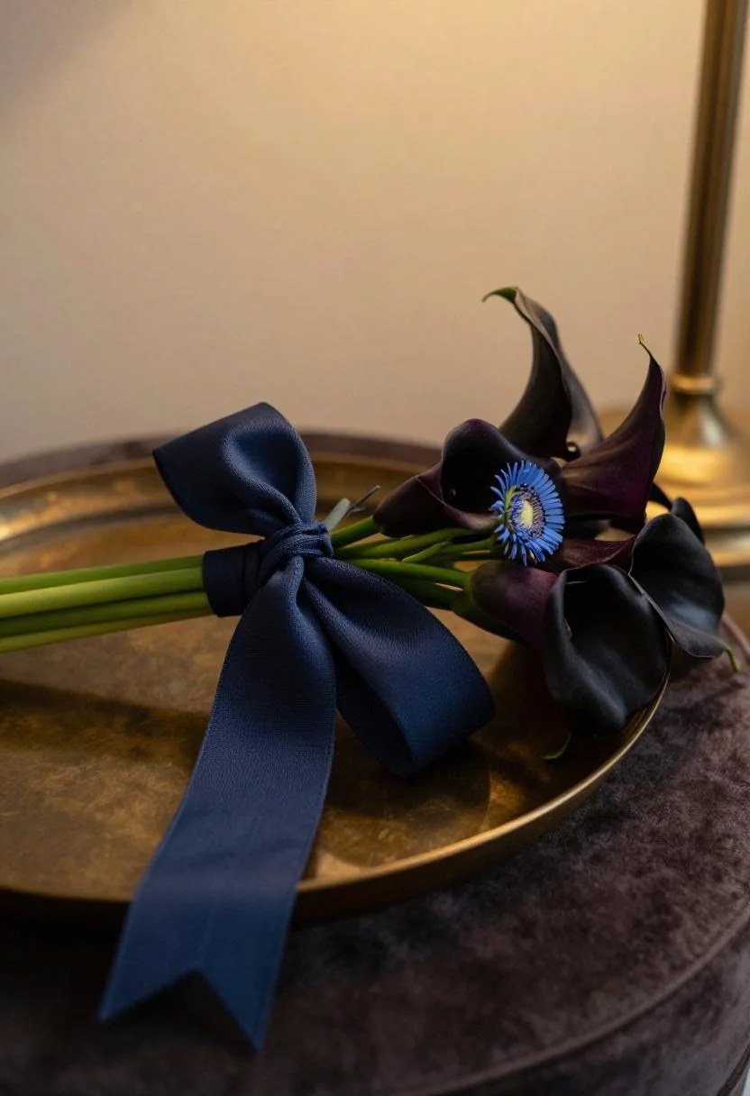 Plum-ribboned blue and black calla bouquet on a brass tray in dramatic Neo Deco composition