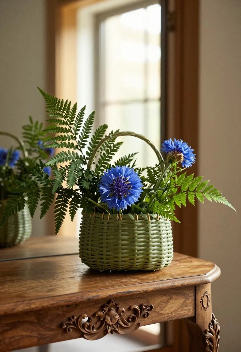 Jade basket with blue cornflowers on a carved mahogany entryway table in Afrohemian warmth