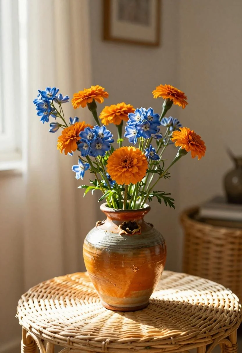 Persimmon stoneware vase with blue and marigold blooms on a wicker table in warm backlight