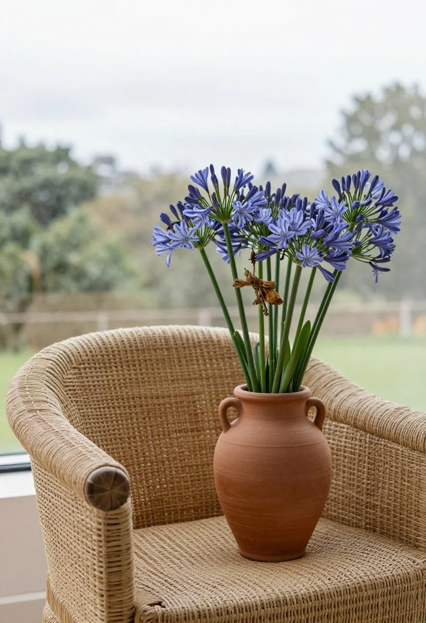 Terracotta urn with blue agapanthus beside a raffia accent chair in maximalist Afrohemian styling
