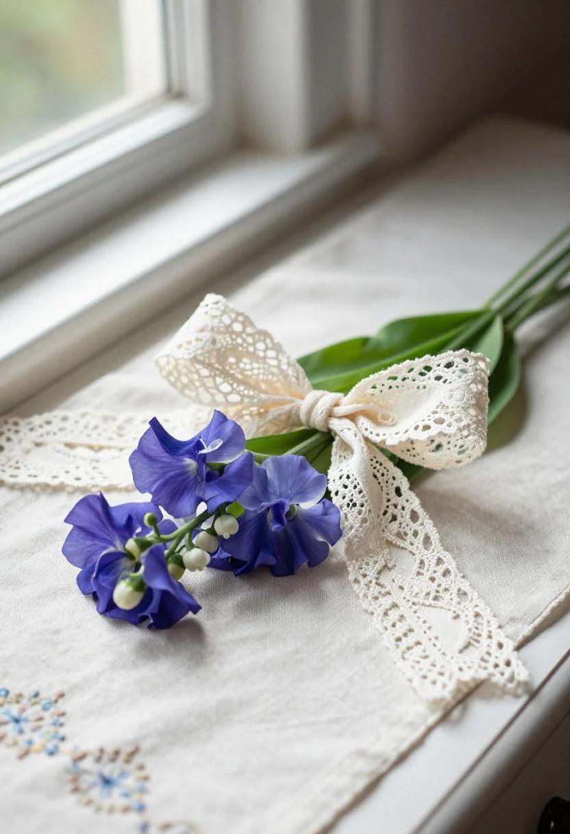 Cream lace-tied blue sweet pea bouquet on a vintage embroidered dresser scarf in Cottagecore detail