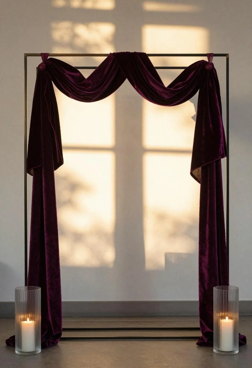 Neo Deco blackened brass arch with plum velvet swags and fluted glass candle pillars